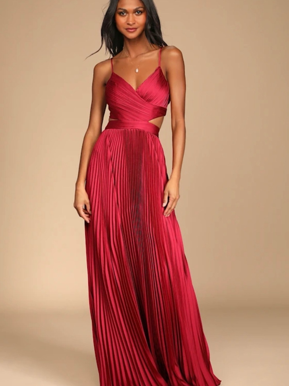 Lulu's Red Pleated Maxi Dress with Side Cutout